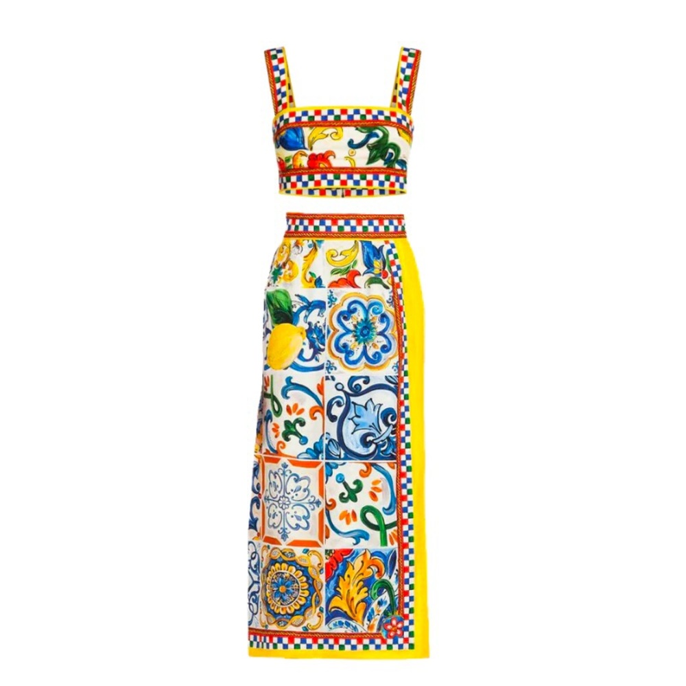 ISO Dolce & Gabbana Majolica print two piece set crop top and skirt sz 38 or 40